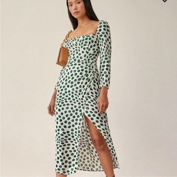 REFORMATION Hilda Dress green and white dots size 4 EUC - Picture 1 of 14